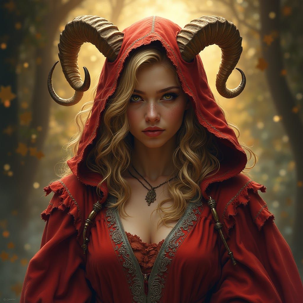 Enigmatic Satyr Sorceress in Golden Portrait with Mystical S...