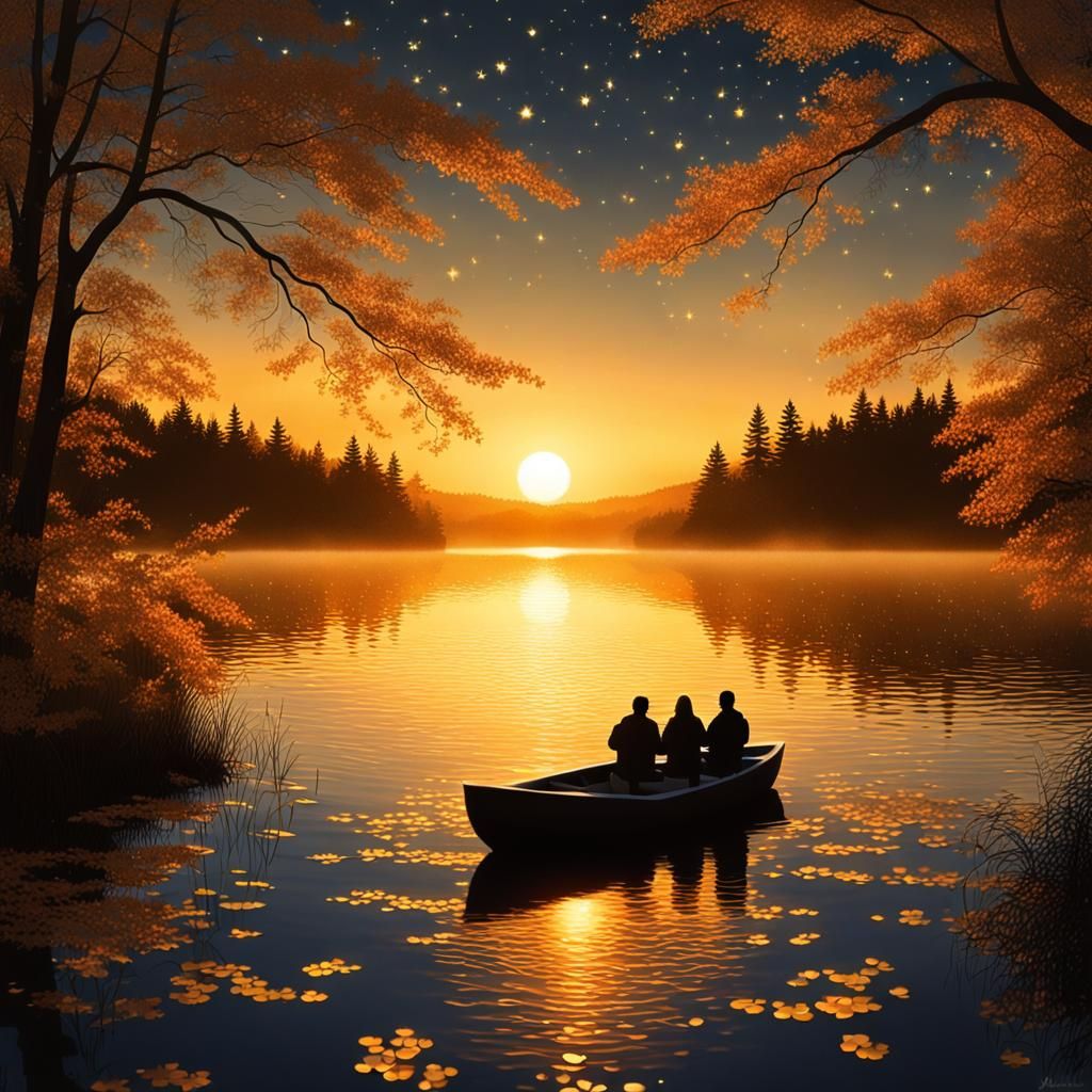 Sunset Lake Scene with Lovers in Boat