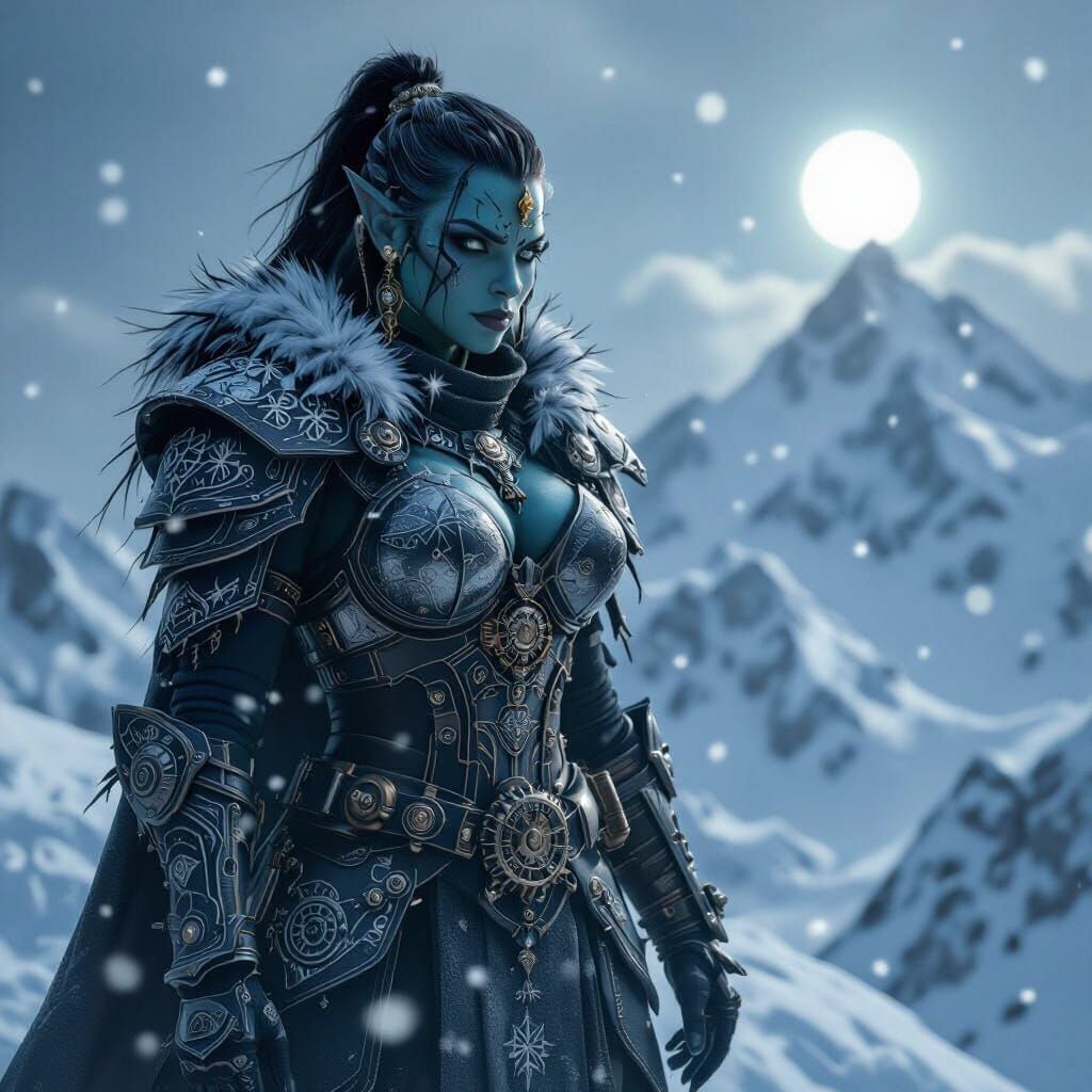 Regal Orc Queen on Snowy Peak in Steampunk Style