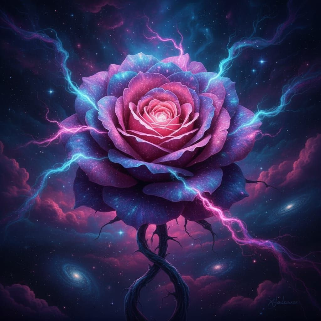 Cosmic Rose Blooming in Deep Space, Dark Fantasy Style