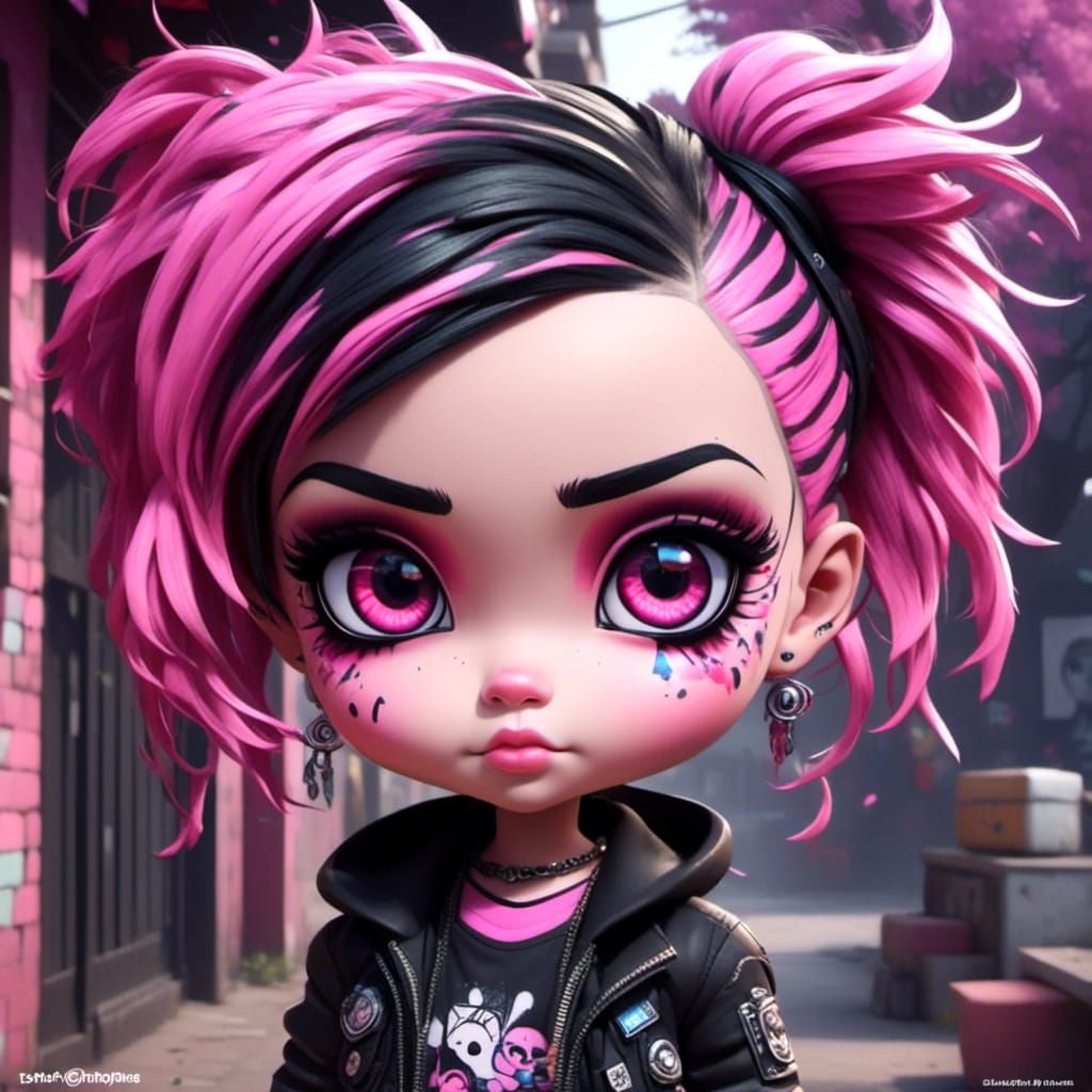 Mischievous Chibi Punk Girl with Expressive Eyes