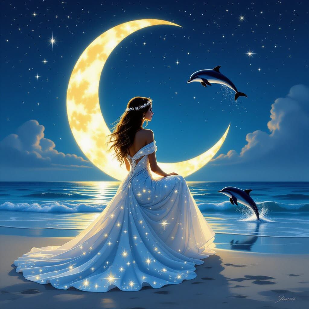 Goddess of Stars on Crescent Moon Over Ocean