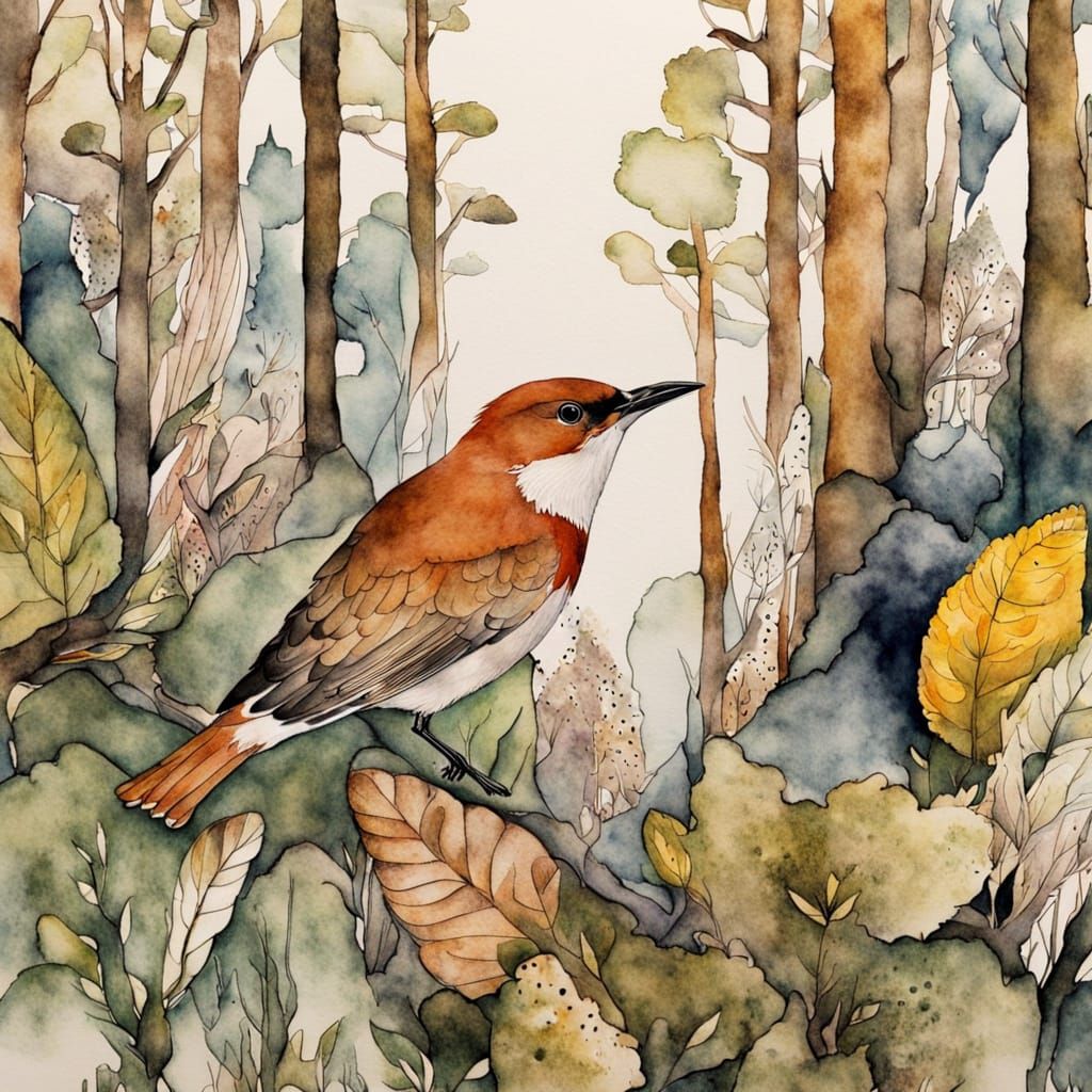 Abstract Woodland Scene in Watercolor and Ink