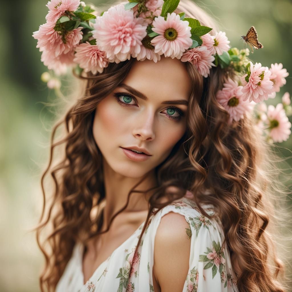 Hippie Girl with Floral Dress, Bohemian Style