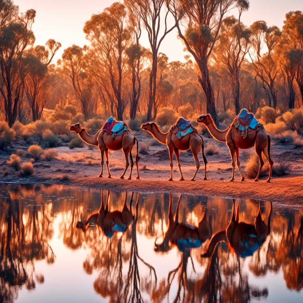 Camels on the Murray River: Outback Landscape