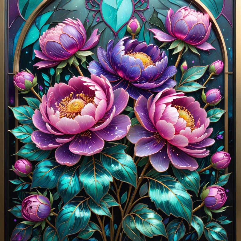 Folk Art Peonies Stained Glass with Iridescent Highlights