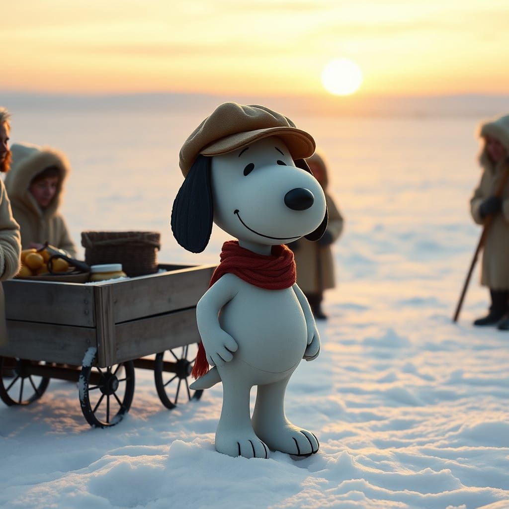Snoopy in a Vintage Newsboy Cap Sells Ice to Eskimos in a Ch...