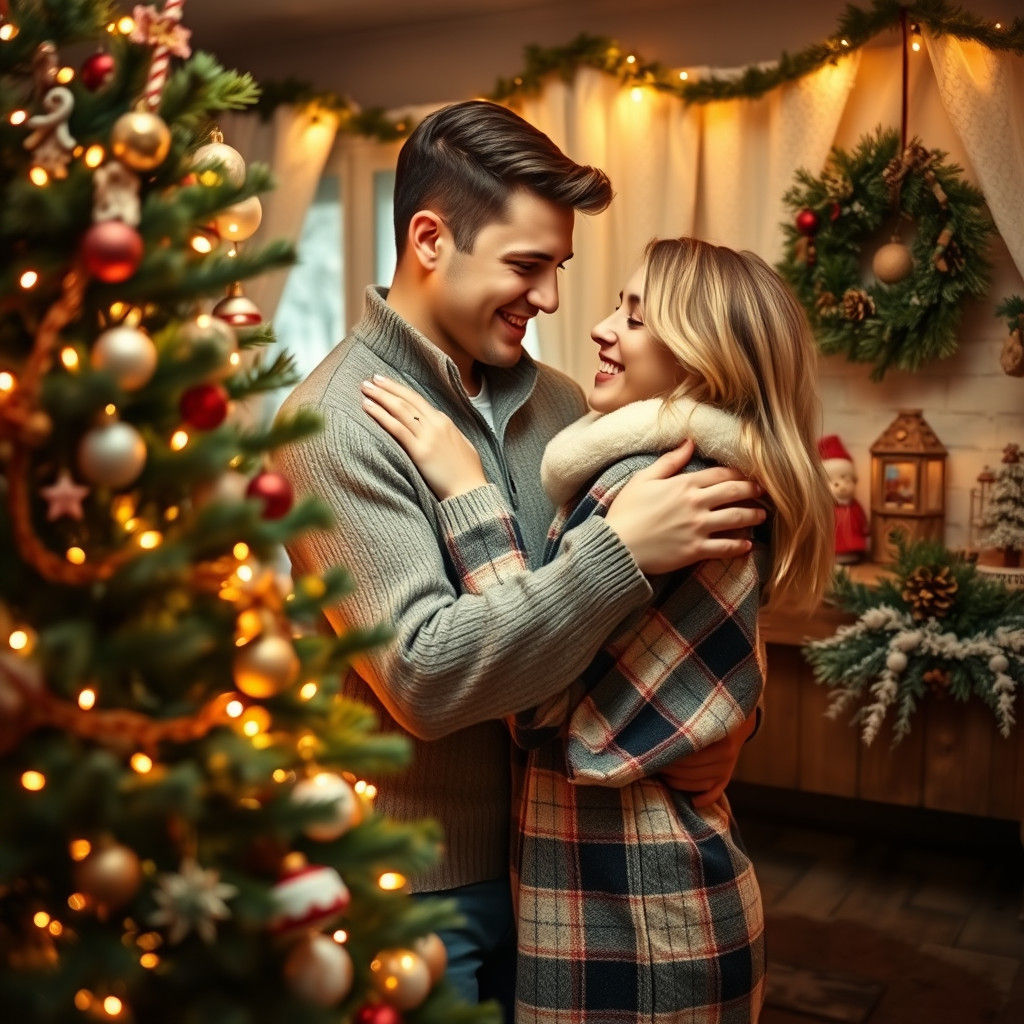 Young Couple Enjoys Magical Christmas Tree Decorating Moment