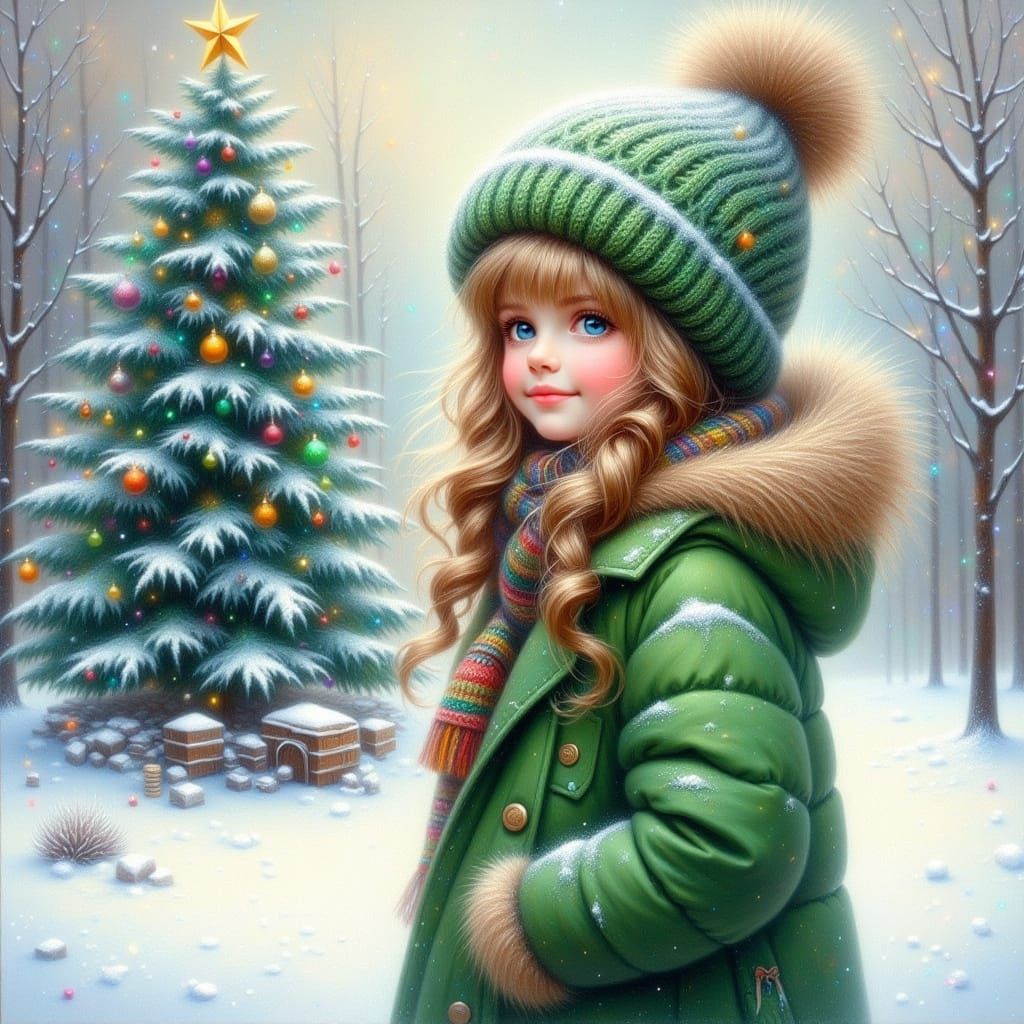Young Girl Enjoys Winter Day Near Christmas Tree