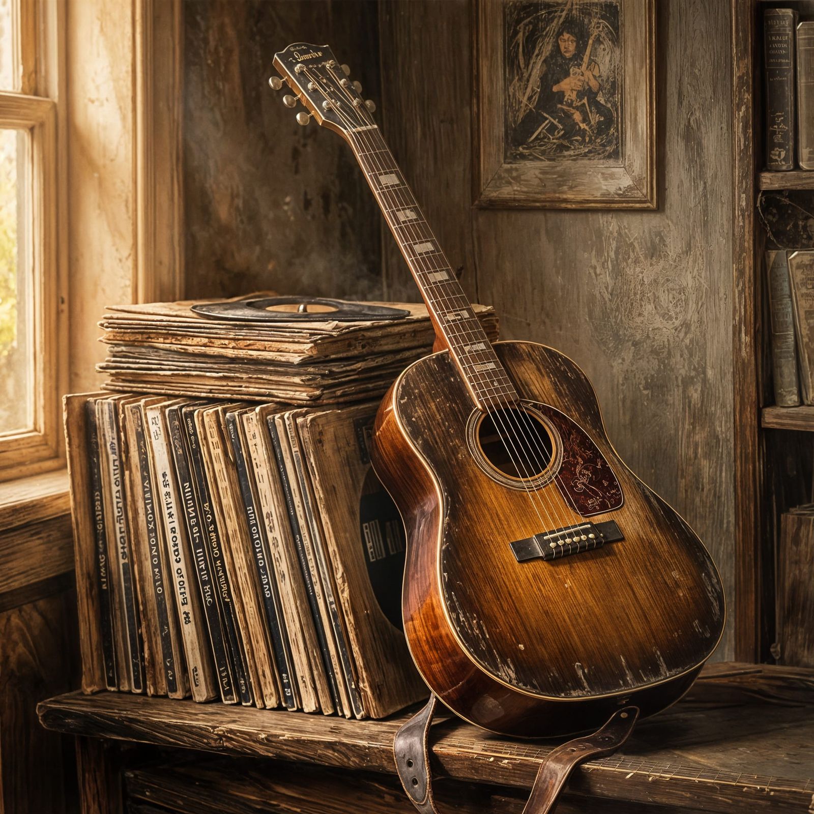 Vintage Guitar Oil Painting with Golden Hour Glow