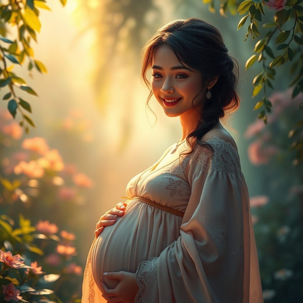 Expectant Mother in Lush Fantasy Environment