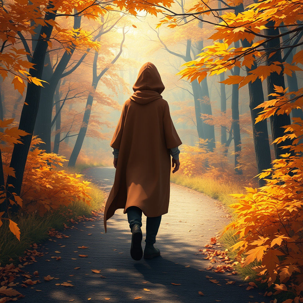 Autumnal Figure on Forest Path in 3D Anime Style