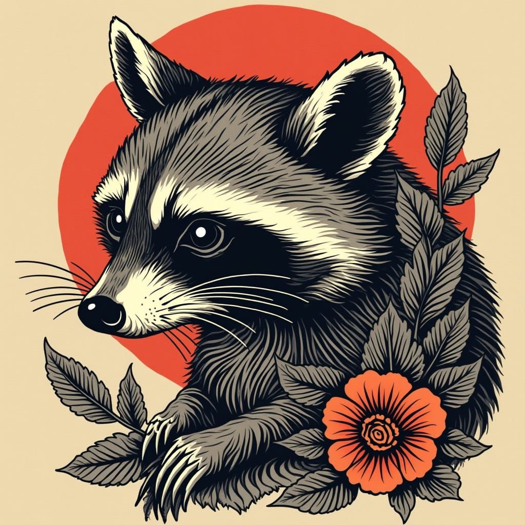 Vintage Raccoon Tattoo in Sailor Jerry Style