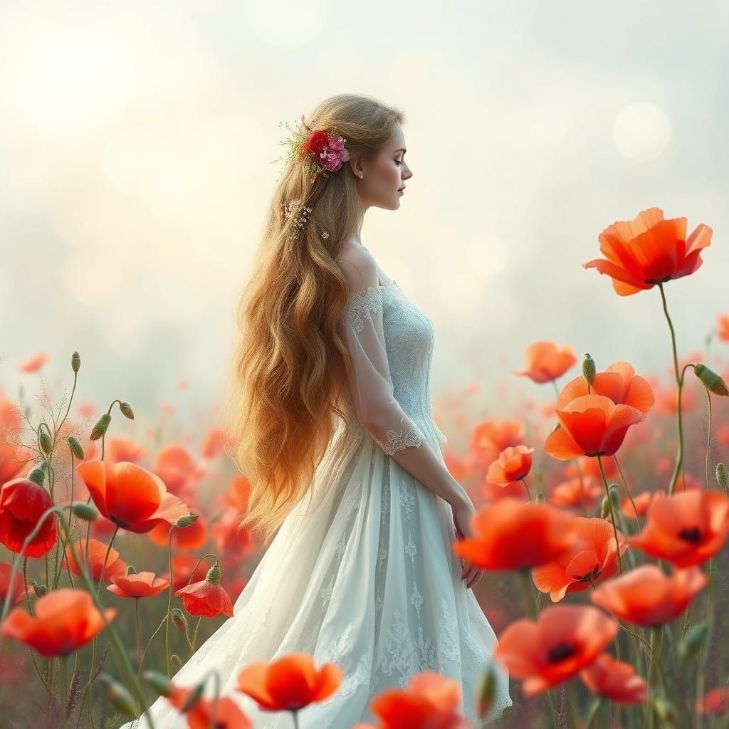 Ethereal Woman Amidst Red Poppies in Soft Watercolor