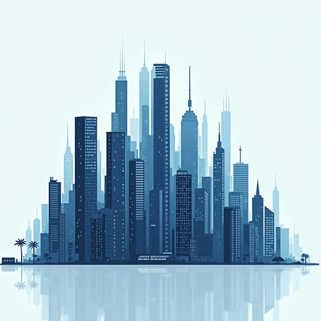 Minimalist Cityscape of Binary Code in Blue and White