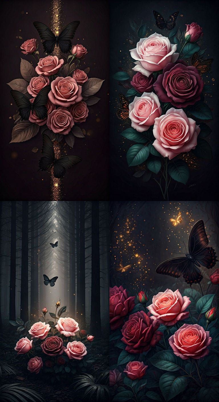 Dark Roses with Butterflies and Gold Sparkles
