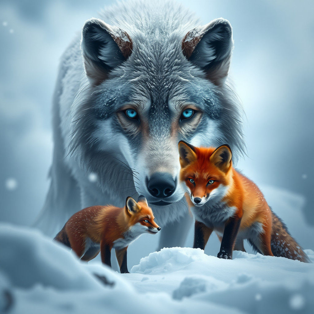 Arctic Wolf and Fox in Winter Landscape