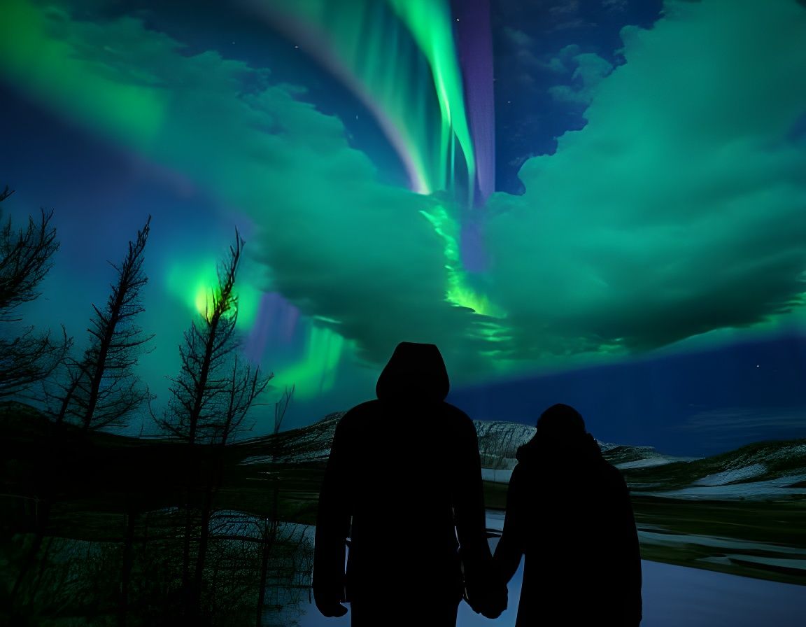 Couple Gazing at Northern Lights in Starry Night Style
