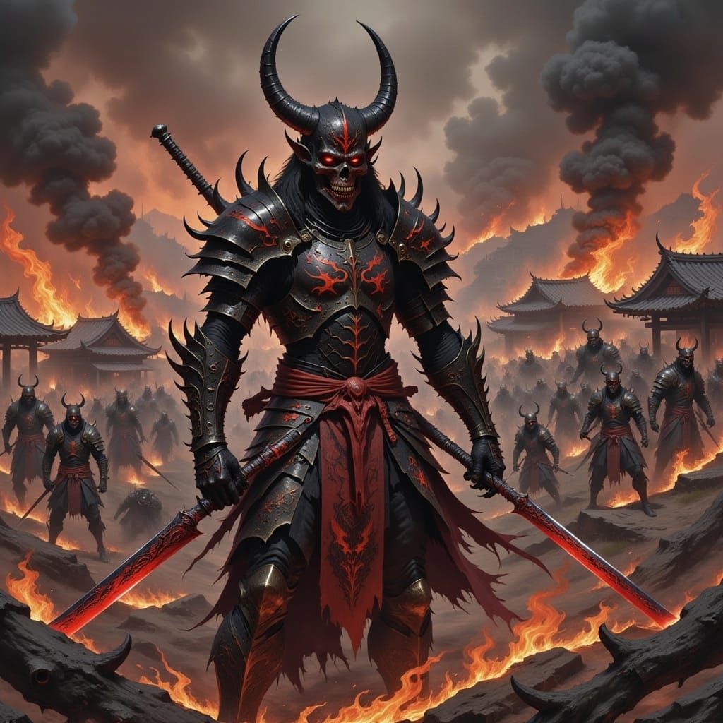 Evil Ghost Samurai Necromancer in Burning Village