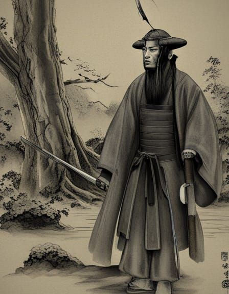 Monochrome Samurai with Katana in Eastern Drawing Style