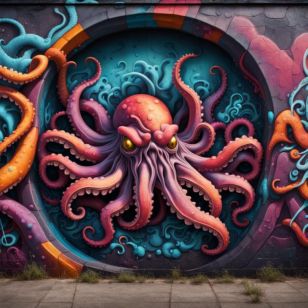 Hyperrealistic 3D Graffiti Kraken with Intricate Details