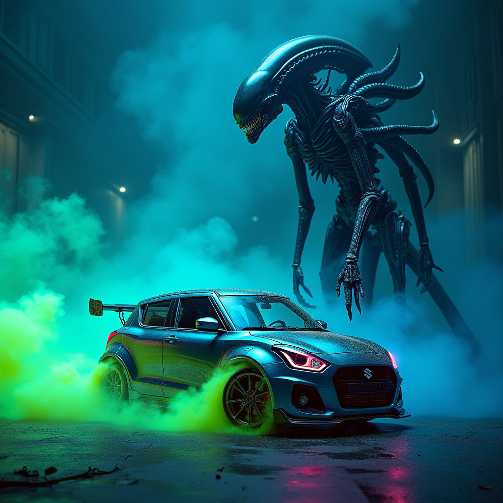 Neon Car Meets Xenomorph in Cyberpunk Style