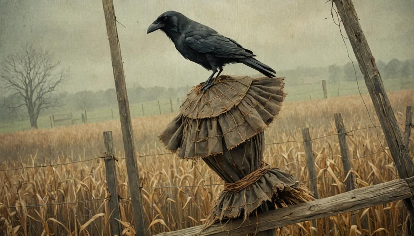 Rustic Folk Art Crow in Overcast Field