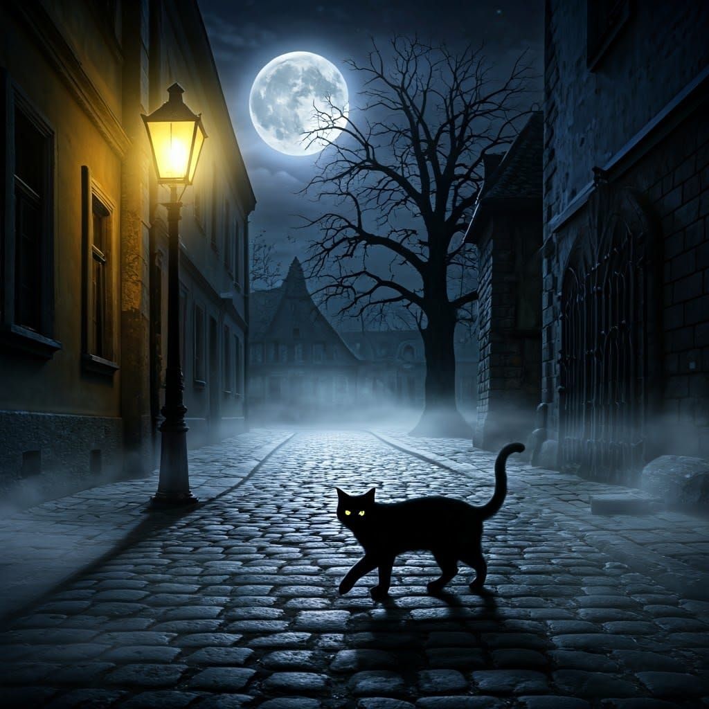 Eerie Black Cat Crossing Misty Street in Dark Surrealism