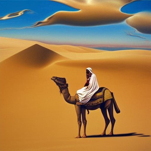 Surreal Rider on Camel in Dreamlike Desert Oasis