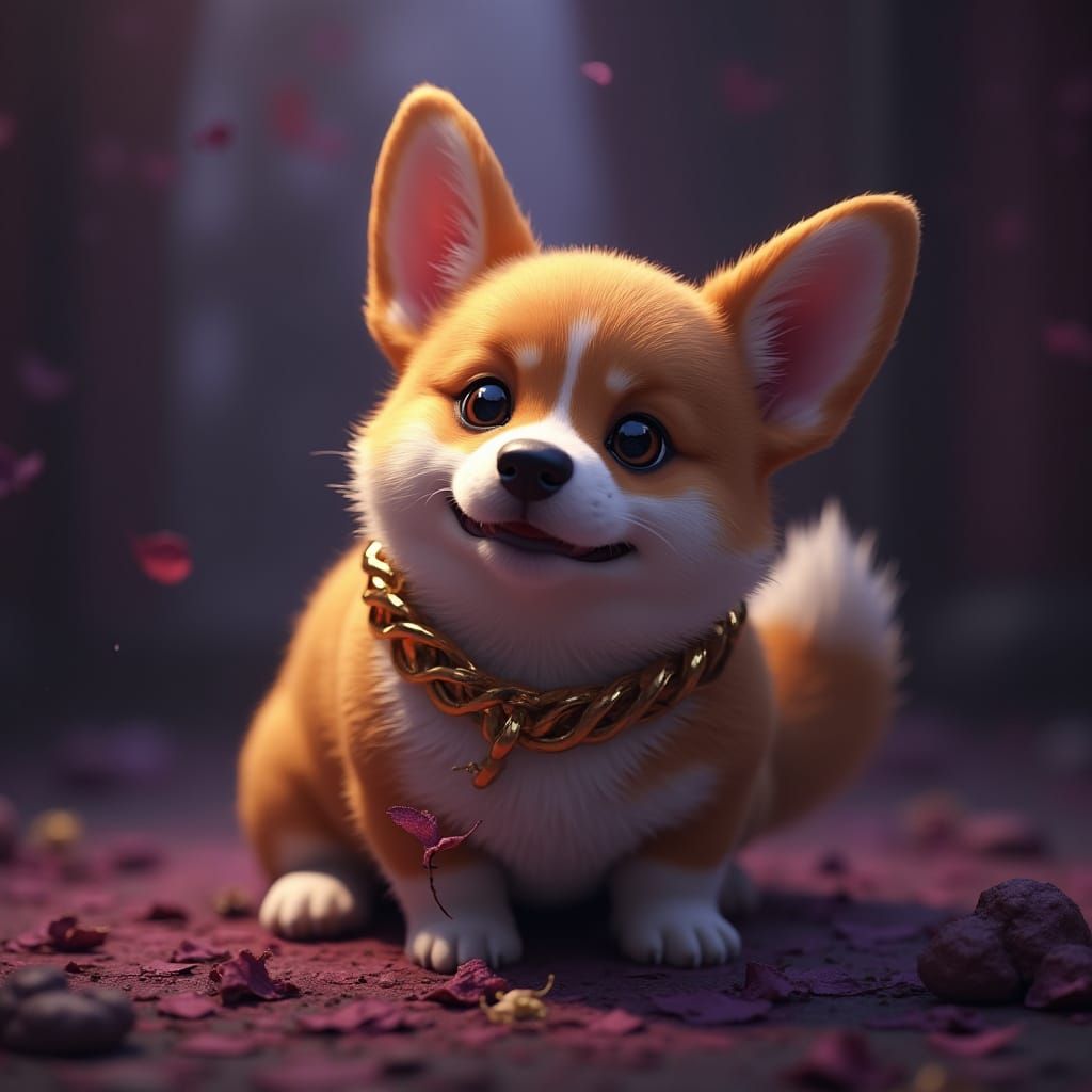 Corgi in Dark Fantasy Landscape, Detailed Digital Art