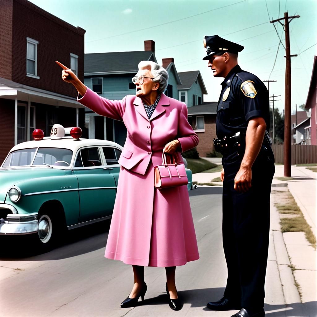 Giant Granny Points at Cop in Absurdist 1950s Photo