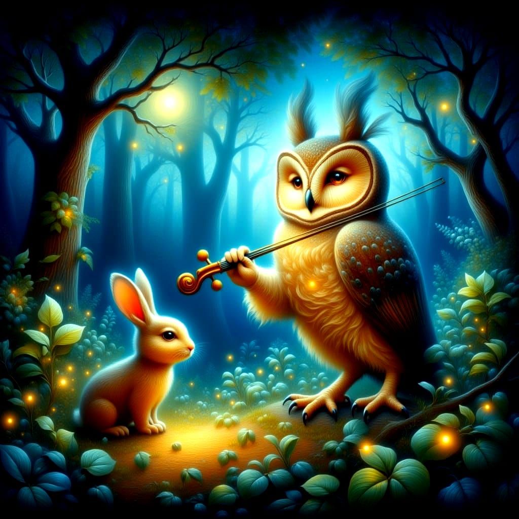 Enchanting Owl Plays Violin in Moonlit Forest