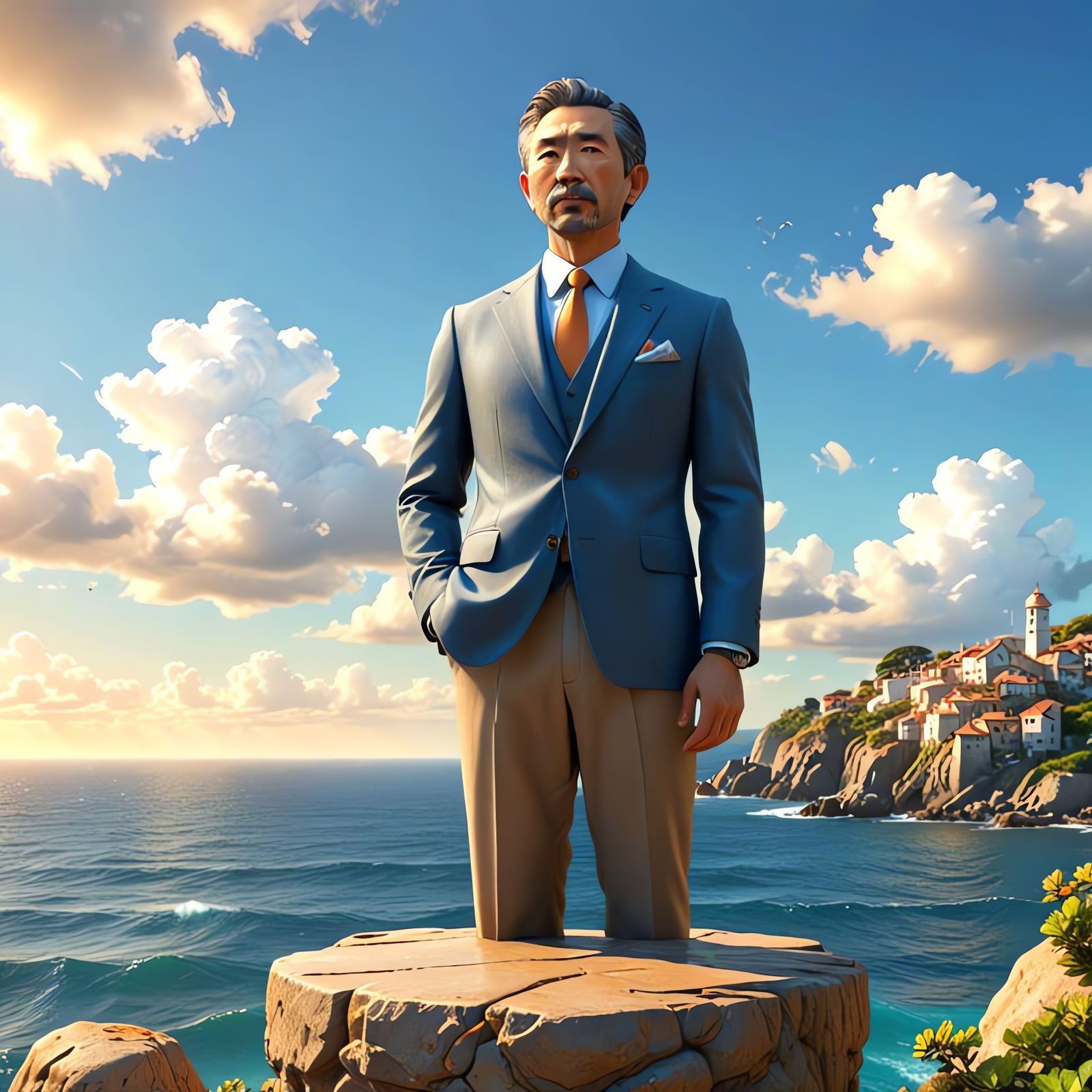 A Dignified Gentleman Overlooks a Serene Coastal Town