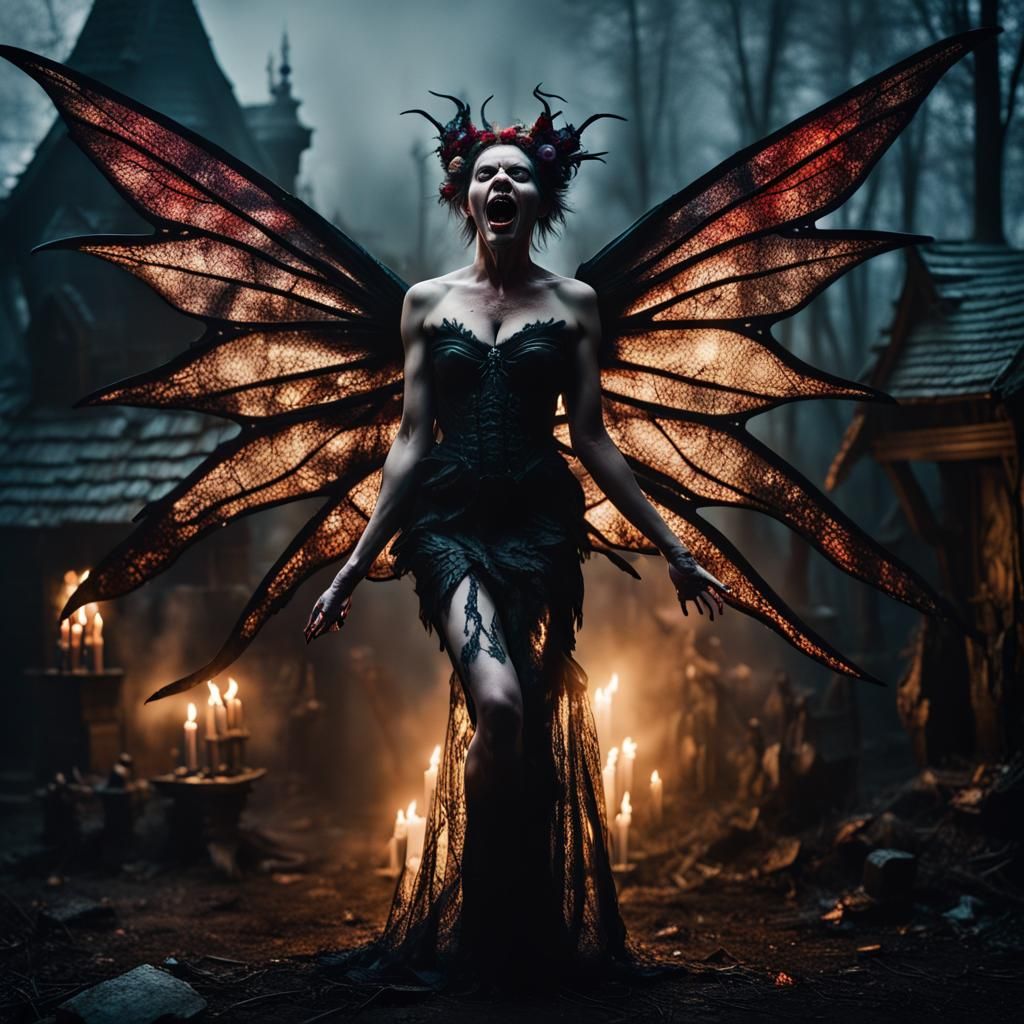 Evil Sluagh Fairy Screaming Above Fairy Village