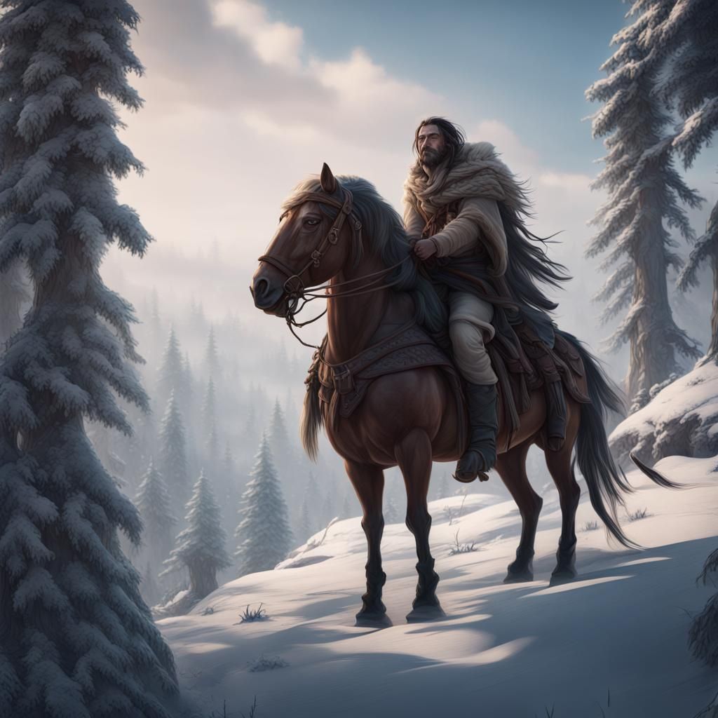 imagine a exhausted Native man seated on a windblown pony on a hill in a snow covered forest detailed matte painting, de...