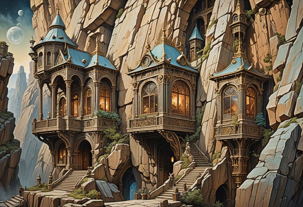 Ethereal Rock Cliff Monolith in Cinematic Night Sky