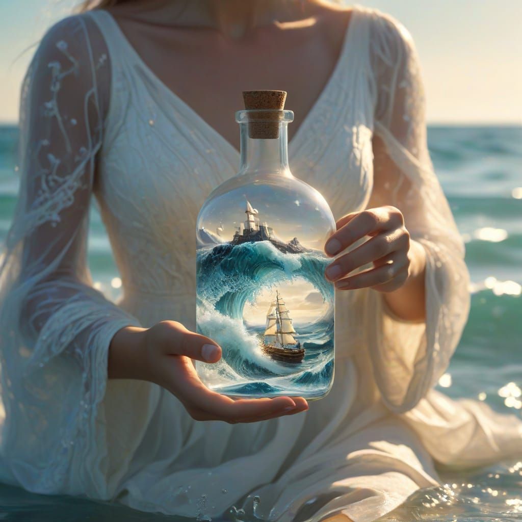 Girl in a Dreamy Oceanic Scene with Shimmering Waves