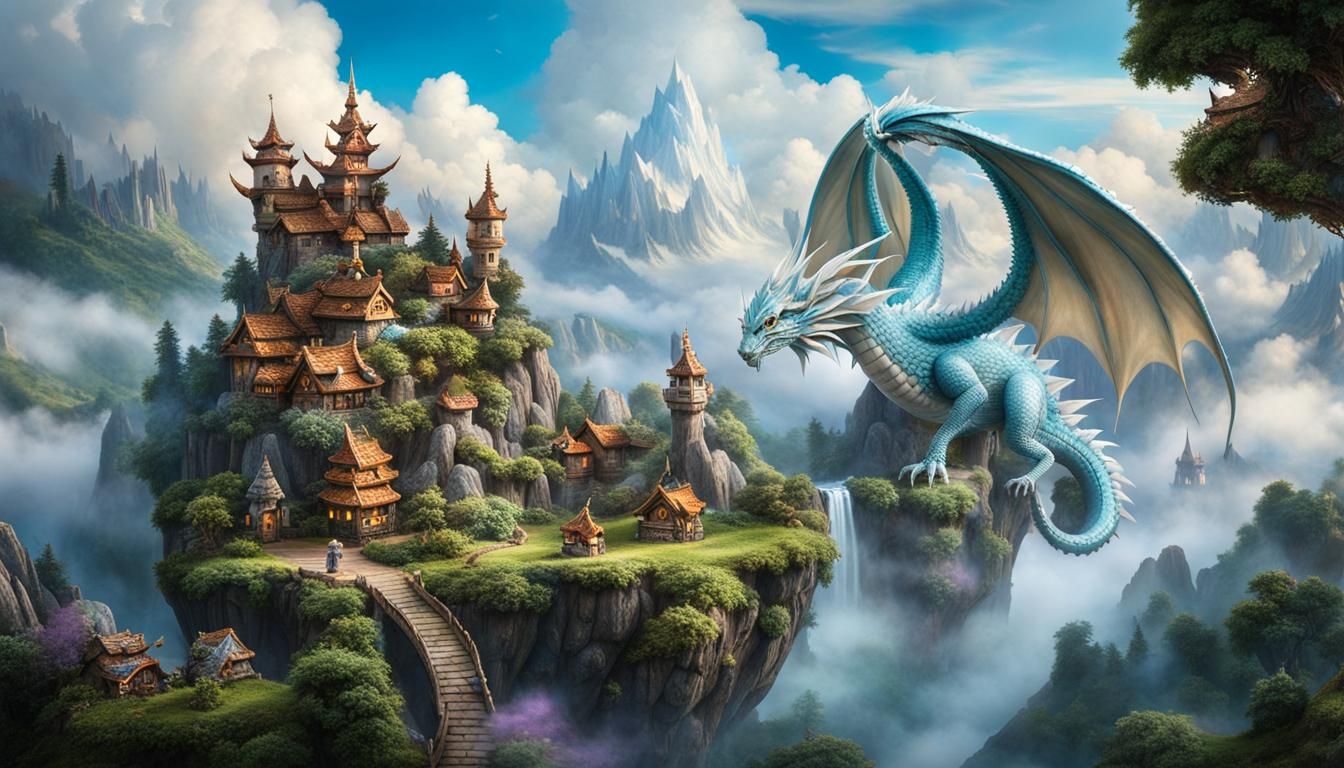 Floating Cloud Dragon with Fairy Village