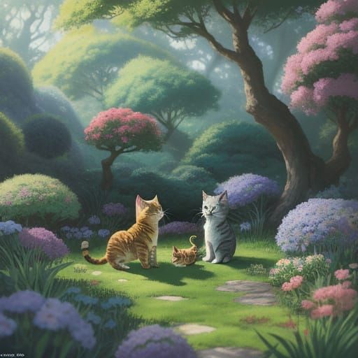 Two Baby Cats Play in a Magical Garden
