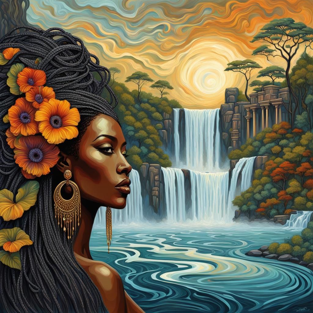 A beautiful woman by a waterfall
