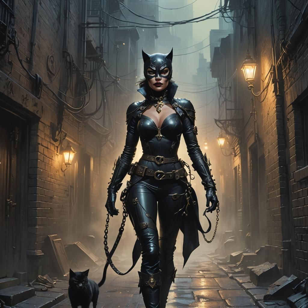 Dark Fantasy Catwoman in Mystical Alleyway