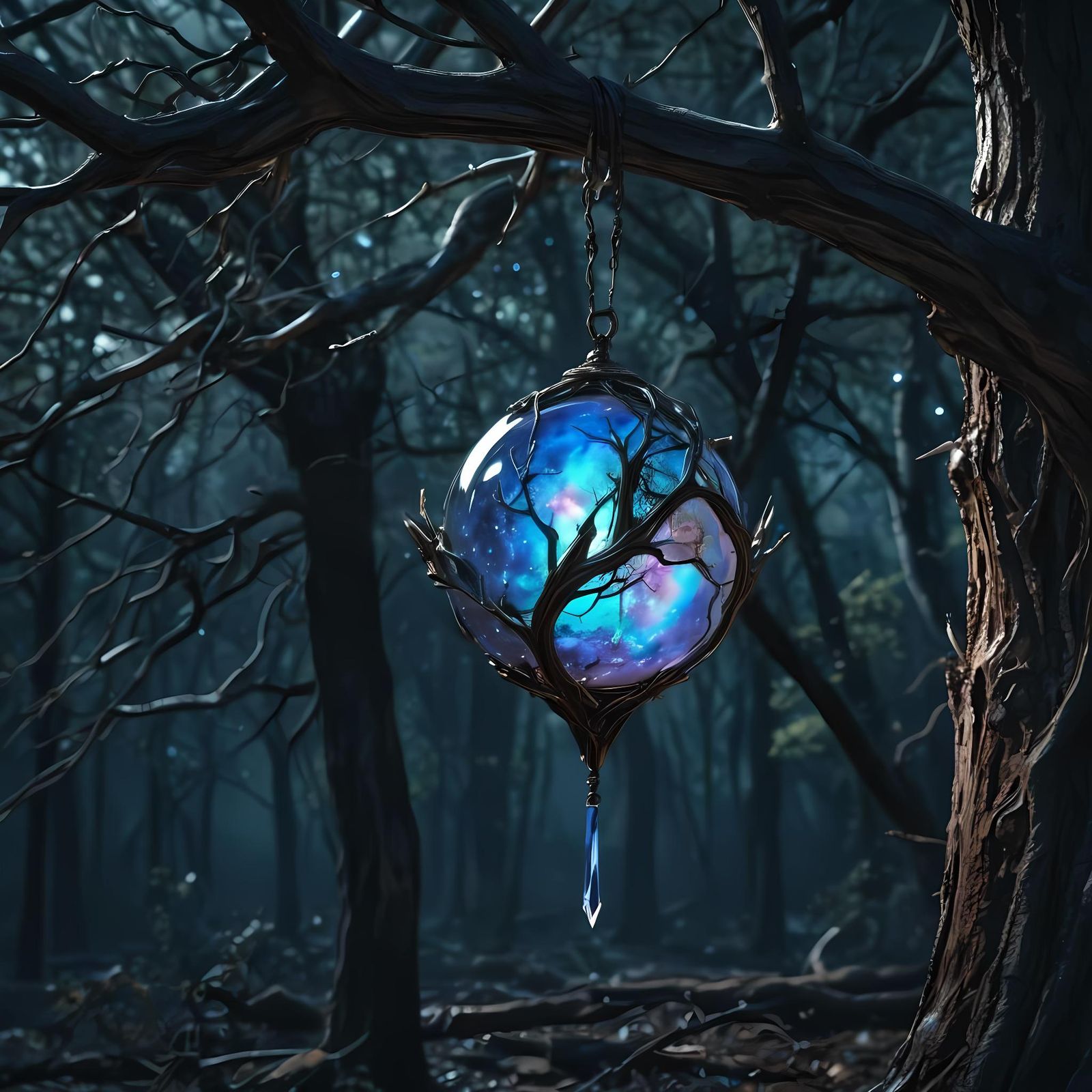 Ominous Crystal Orb in Decayed Forest, Anime Style