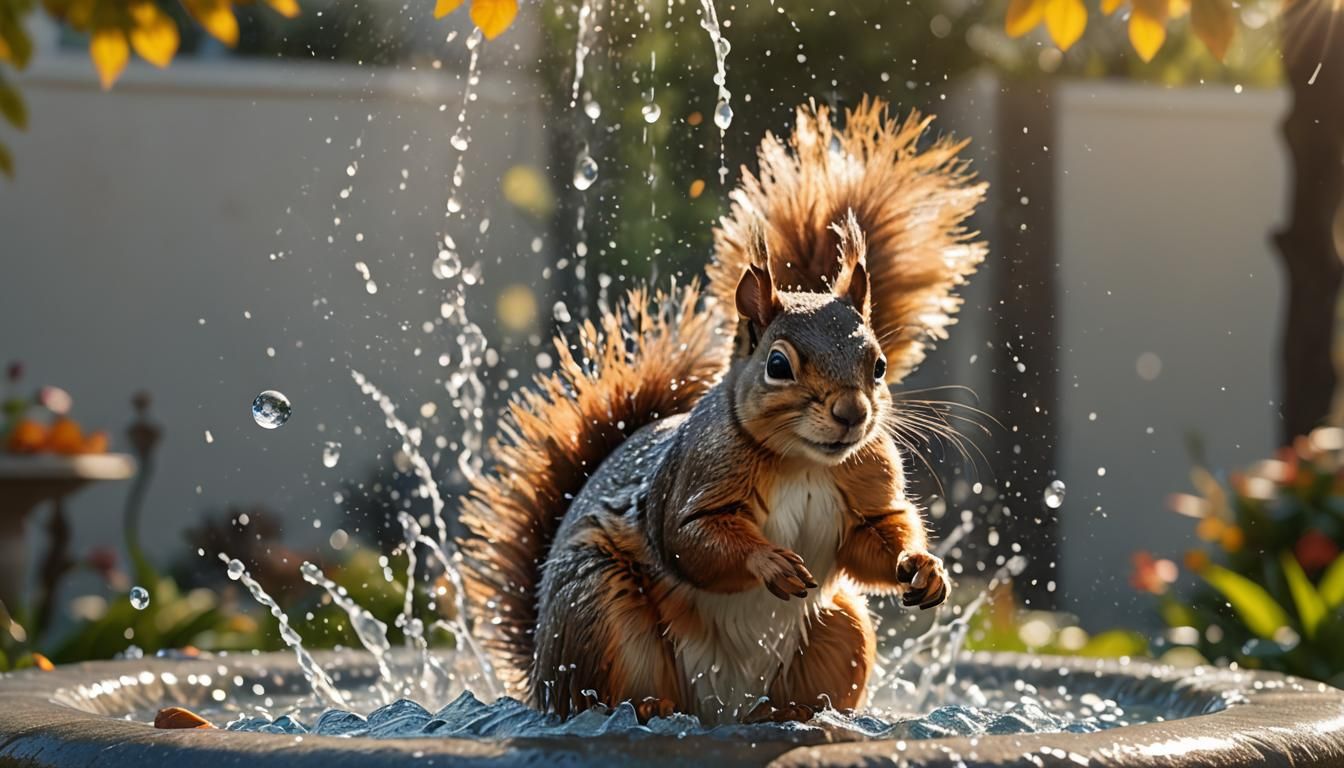 Squirrel Bathing: Hyperrealistic Digital Art in Sunlight