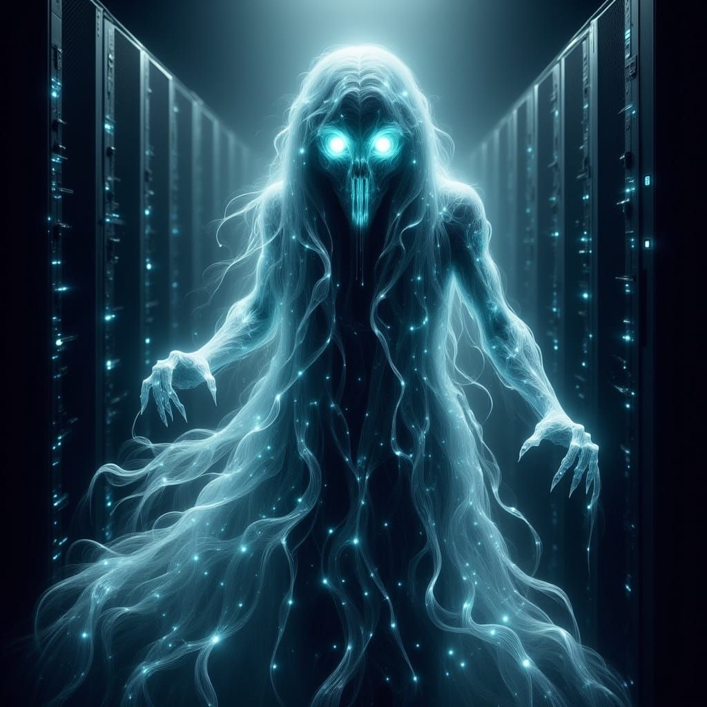 Ghostly Glitch Emerges in Dystopian Server Room