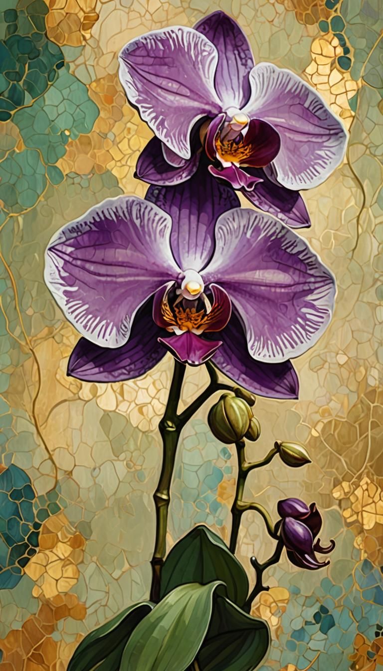 Orchid with Long Stem, Klimt-Inspired Digital Art