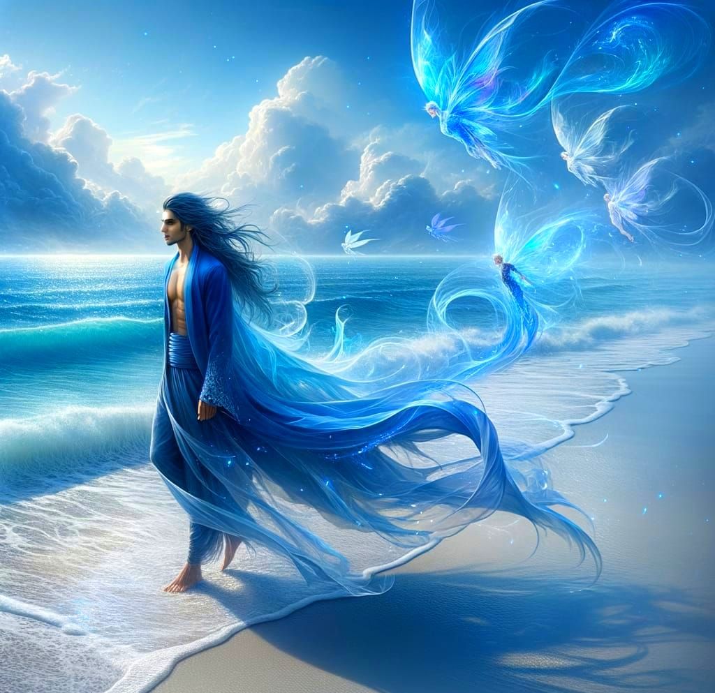 Ethereal Fantasy Scene with South Asian Figure and Sea Fairi...