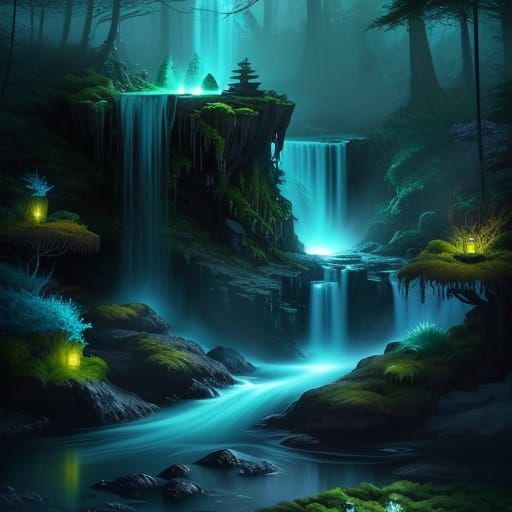 Enchanted Waterfall With Floating Lantern, Fantasy Concept A...