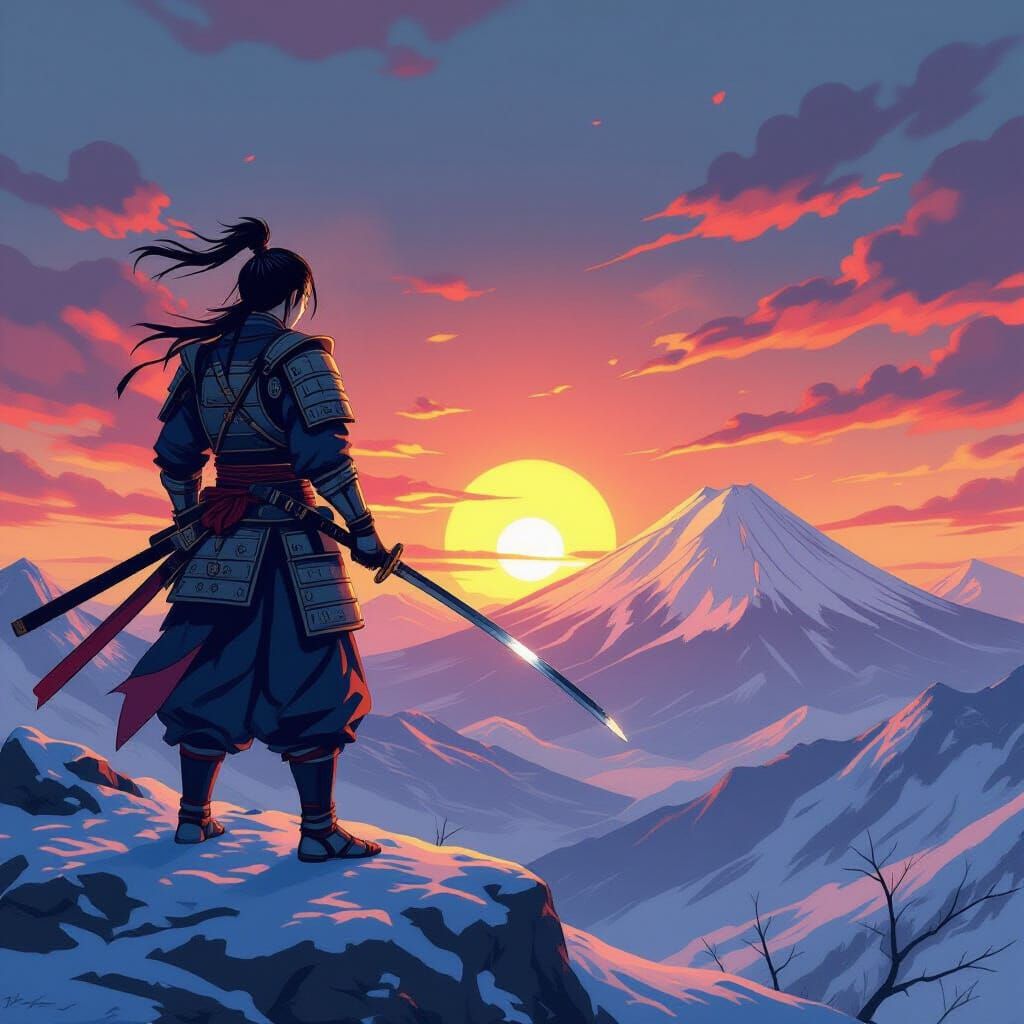 Samurai Warrior Sunrise in Manga Style