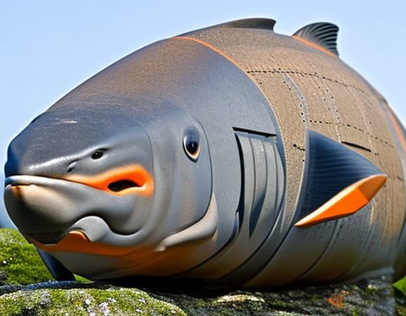 ("prehistoric") "Dunkleosteus" orange  green tan silver gold blue  Professional photography, bokeh, natural lighting, ca...