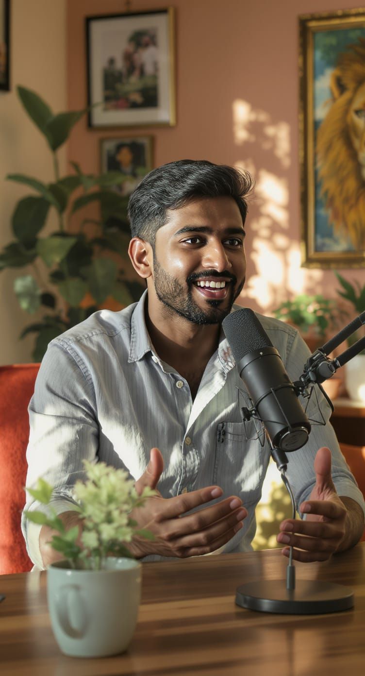 Young Indian Man Speaking in Cozy Studio, Cinematic Style